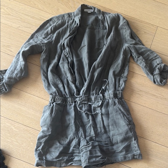 Army Green Long-Sleeve Linen Romper - Picture 1 of 2